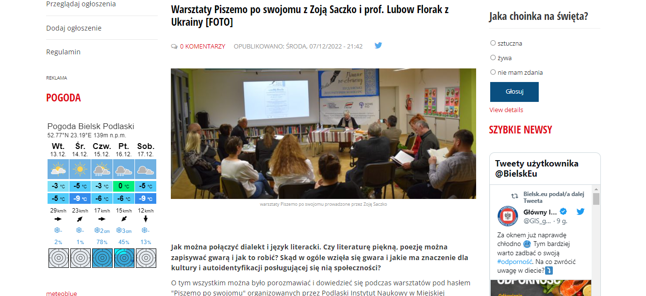 <strong>Bielsk.eu o warsztatach literackich w ramach konkursu “Piszemo po swojomu”</strong>
